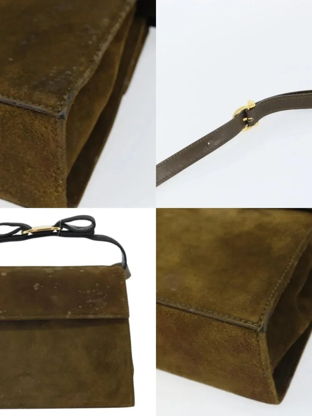 Salvatore Ferragamo Vala Shoulder Bag Suede 2way Green Gold Auth BA9381
